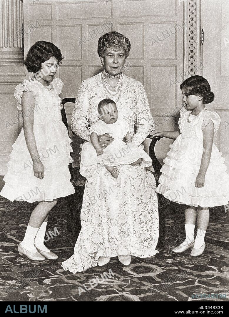 Mary of Teck with her grandchildren in 1936, Princess Elizabeth, left, Princess Margaret Rose, right and on her lap, Prince Edward. Mary of Teck, 1867 – 1953. Queen consort of the United Kingdom and the British Dominions and Empress of India as the wife of King-Emperor George V. Princess Elizabeth, future Elizabeth II, born 1926. Queen of the United Kingdom, Canada, Australia and New Zealand. Princess Margaret, Margaret Rose, 1930 – 2002, aka Princess Margaret Rose. Younger daughter of King George VI and Queen Elizabeth. Prince Edward, Duke of Kent, born 1935.