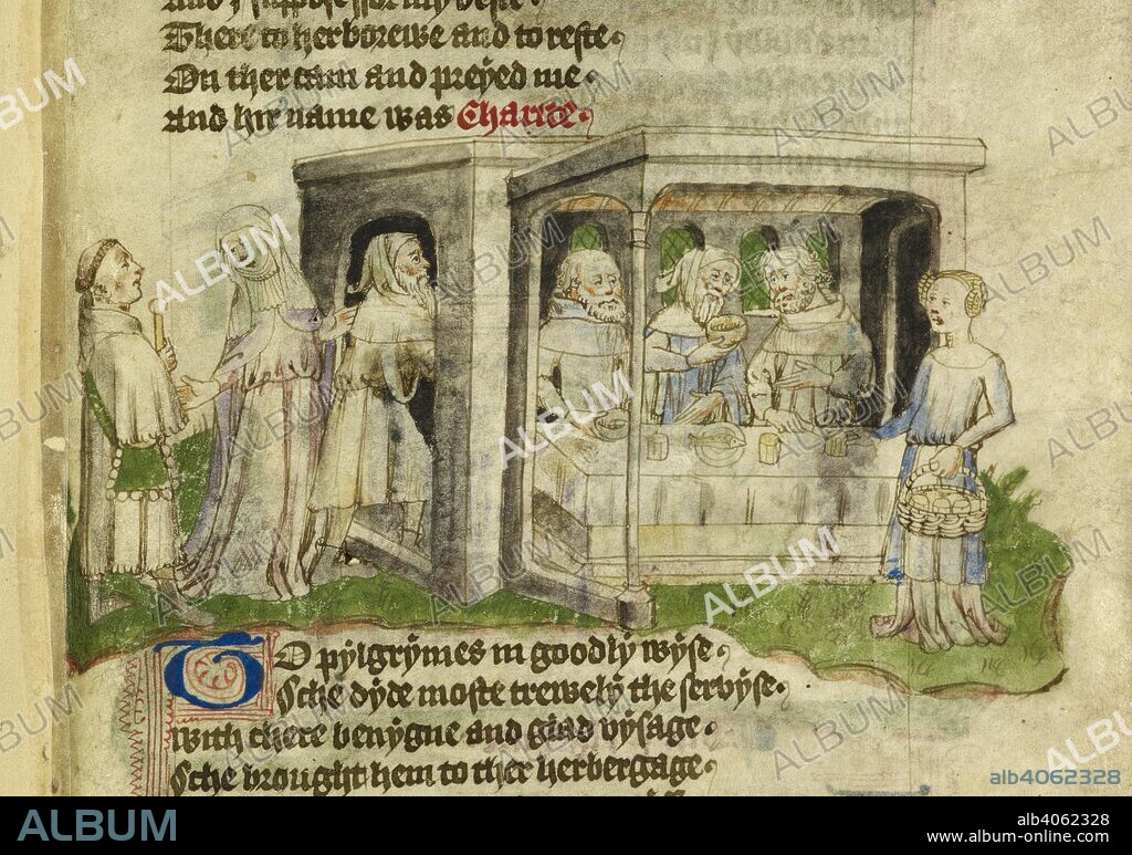 JOHN LYDGATE and GUILLAUME DE DEGUILEVILLE. Pilgrim invited into the house by Charity. Pilgrimage of the Life of Man. England [West Suffolk?]; circa 1430-1450. Source: Cotton Tiberius A. VII, f.90. Language: Middle English.