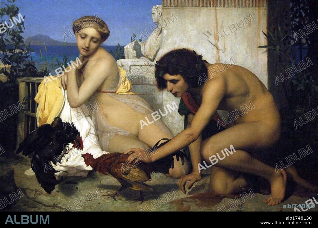 ARTE S. XIX. FRANCIA. JEAN LEON GEROME (1824-1904). Pintor academicista francés. "PELEA DE GALLOS" o "JOVENES GRIEGOS PONIENDO UNOS GALLOS A LA PELEA", 1847. El fondo del cuadro es la bahía de Nápoles. Museo de Orsay. París. Francia.