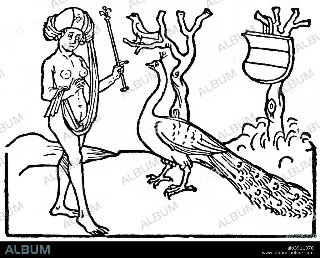 Woman and peacock, 1475 (1964). From Johann Zainer's edition of Aesop's Fables, Ulm, 1475. A print from A History of Wood Engraving, by Douglas Percy Bliss, Spring Books, London, 1964.