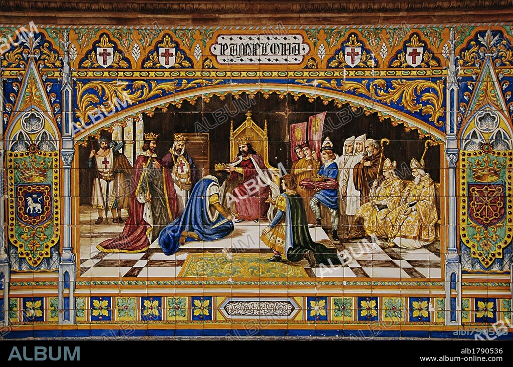 SANCHO III el Mayor (h.992-1035). Rey de Pamplona y conde de Aragón (1000-1035), conde de Sobrarbe Ribagorza (h.1018-1035) y conde de Castilla (1029-1035). "SANCHO III DISTRIBUYENDO SUS REINOS (NAVARRA, CASTILLA, ARAGON Y SOBRARBE), ENTRE SUS HIJOS GARCIA, FERNANDO, RAMIRO Y GONZALO". MOSAICO de la PLAZA DE ESPAÑA de SEVILLA que reproduce el cuadro del artista valenciano Alejandro FERRAN (1865), que se encuentra en el Salón del Trono de la Diputación Foral de Navarra (Pamplona) .