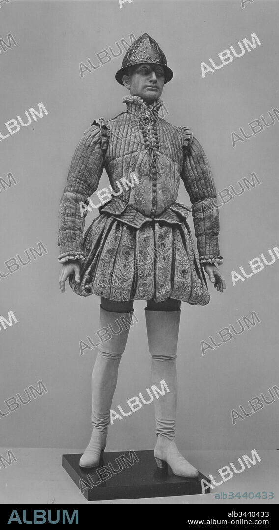 Fencing Doublet, ca. 1580, Western European, Leather, silk, linen, cotton, Costumes, This doublet is a rare example of sixteenth-century male clothing, very little of which has survived. The cut of the doublet, particularly the protruding 'peascod' waist, is typical of fashionable costume of the 1570s and 1580s.