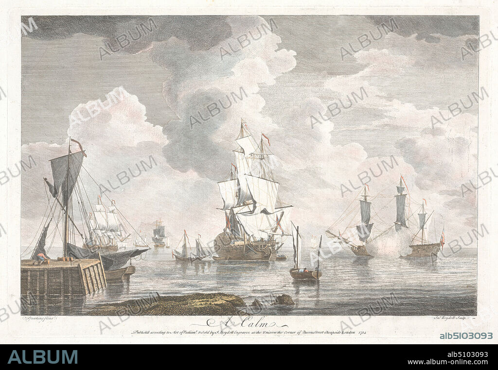 A Calm, Print made by John Boydell, 17201804, British, after Charles Brooking, 17231759, British, Published by John Boydell, 17201804, British, 1754, Etching and line engraving, hand colored with watercolor on moderately thick, moderately textured, cream laid paper, Sheet: 15 5/16 x 21 1/8 inches (38.9 x 53.6 cm), Plate: 11 3/8 x 16 5/8 inches (28.9 x 42.2 cm), and Image: 10 3/8 x 15 13/16 inches (26.4 x 40.1 cm), barrels (containers), boats, cannons (artillery), clouds, dock, galleons, labor, marine art, men, peace, rowboats, sailboats, sails, sea, seamen, ships, smoke, yachts.