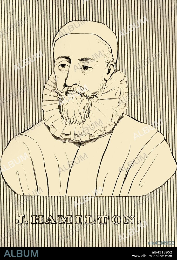 'J. Hamilton', (1512-1571), 1830. John Hamilton (1512-1571) Scottish prelate and politician,  illegitimate son of The 1st Earl of Arran, a monk and Abbot of Paisley, cadinal and archbishop.  From "Biographical Illustrations", by Alfred Howard. [Thomas Tegg, R. Griffin and Co., J. Cumming, London, Glasgow and Dublin, 1830].