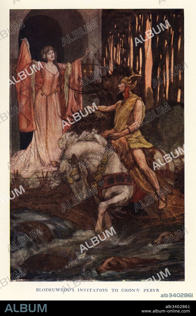 Blodeuwedd, wife of Lleu Llaw Gyffes the British sun god, beckons to Gronw Pebyr, a Gaelic god of darkness. Chromolithograph after a painting by E. Wallcousins from Charles Squire's Celtic Myth and Legend, London, 1900.