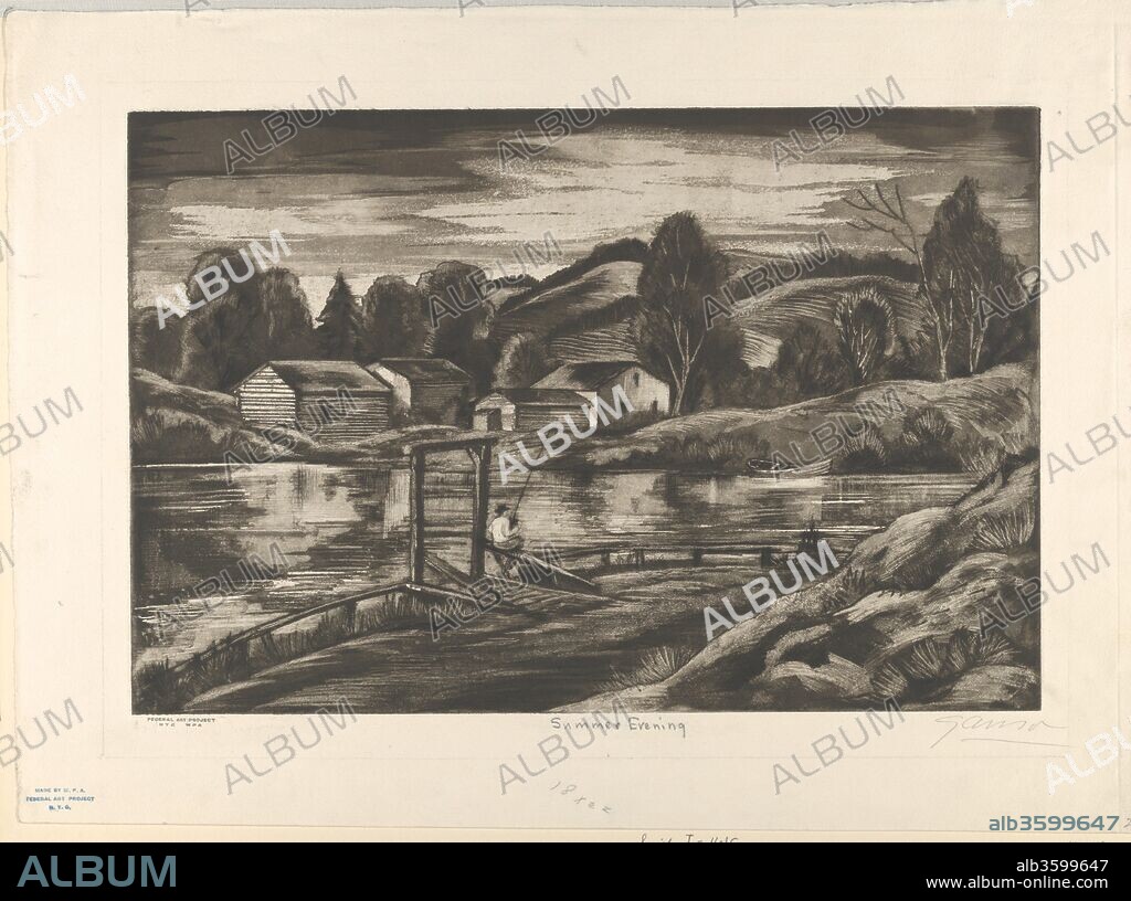 Summer Evening. Artist: Emil Ganso (American (born Germany), Halberstadt 1895-1941 Iowa City, Iowa). Dimensions: plate: 9 3/4 x 15 in. (24.8 x 38.1 cm) sheet: 13 1/2 x 18 1/2 in. (34.3 x 47 cm). Publisher: Published by WPA. Date: 1936.