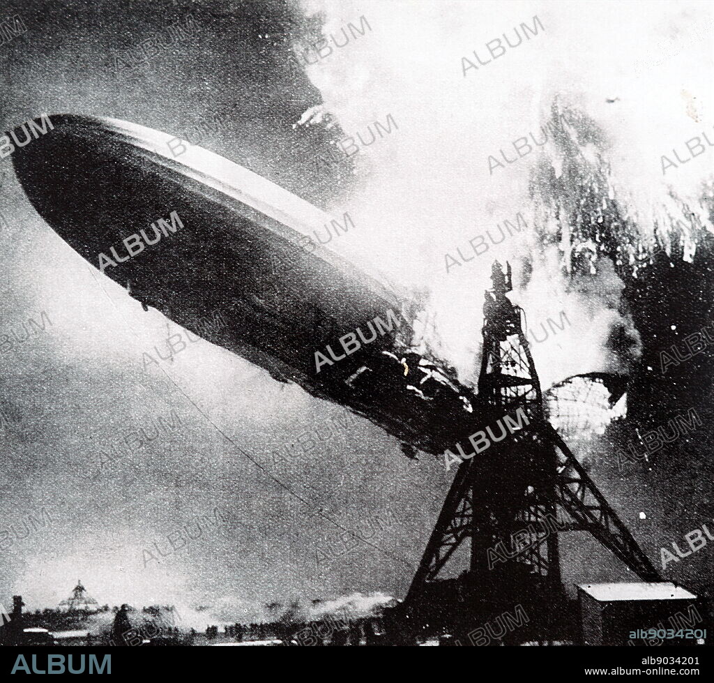 Photograph taken during the Hindenburg disaster. A German passenger airship LZ 129 Hindenburg caught fire and was destroyed whilst attempting to dock at the Naval Air Station Lakehurst. Dated 20th Century.