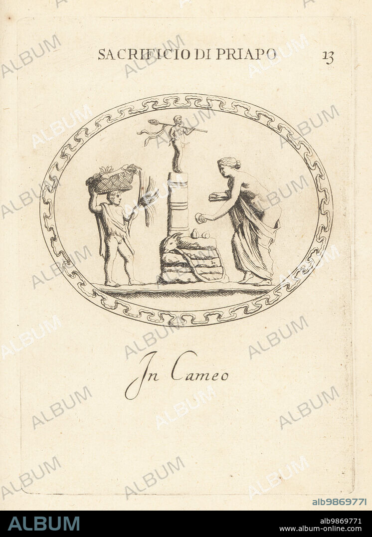 Sacrifice to a statue of Priapus Bacchus with a thyrsus on his shoulder in cameo. A woman and boy bring votive offerings of clay apples and phalli in a basket. He was worshipped in this way in Lampsacus. Sacrificio di Priapo in cameo. Copperplate engraving by Giovanni Battista Galestruzzi after Leonardo Agostini from Gemmae et Sculpturae Antiquae Depicti ab Leonardo Augustino Senesi, Abraham Blooteling, Amsterdam, 1685.