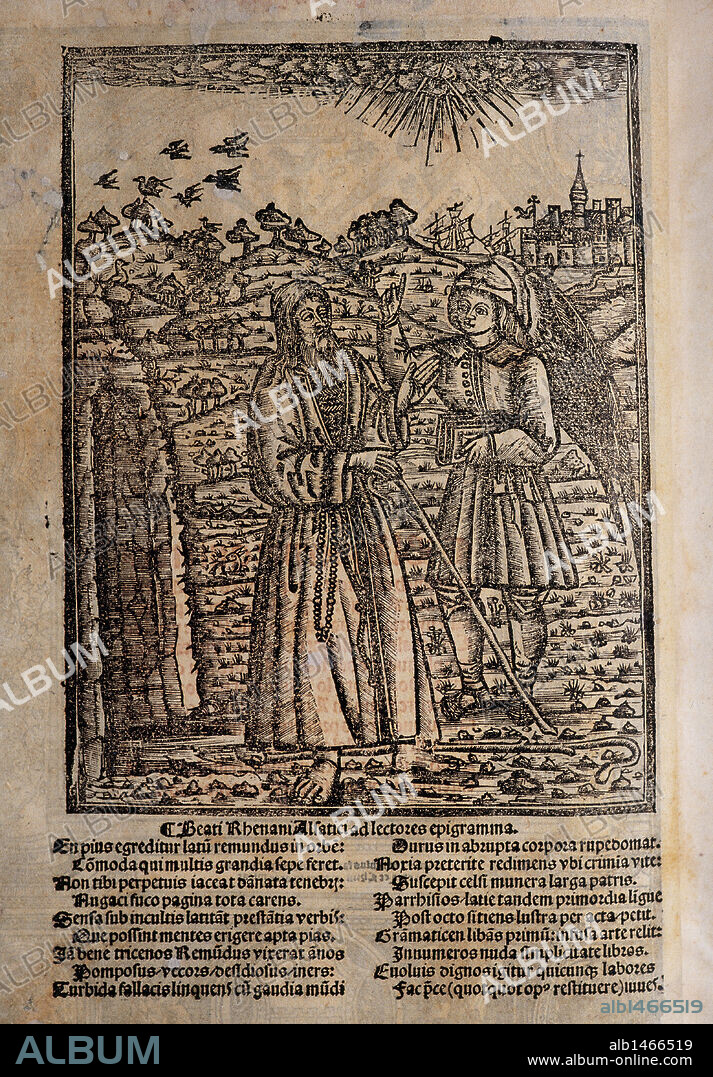 LITERATURA CATALANA SIGLOS XIII Y XIV. LLULL, Ramon (Palma de Mallorca, 1233/35-Bujía, 1315/16). Filósofo, místico y literato mallorquín. "BLANQUERNA". Grabado de la contraportada, con Ramón LLull y un discípulo. "Beati Rhenani Alfatici ad lectores epigramma". Este folio, escrito en latín, quizá pertenece a otra obra. Biblioteca Bartomeu March. Palma de Mallorca. Islas Baleares. España.