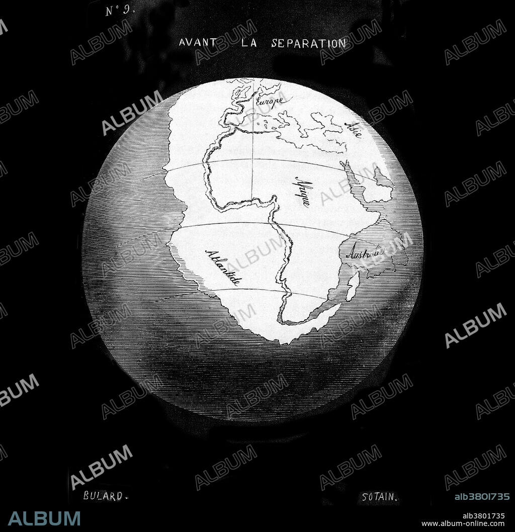 Snider-Pellegrini geological theory. Map of the continents before their separation, as depicted in 1858 by the French geographer Antonio Snider-Pellegrini. The map shows how the coastline of the Americas fits those of Europe and Africa. Snider-Pellegrini's theory was that the continents were created by God in this form, and were then separated by a volcanic explosion on the sixth day of creation. The idea that there was once a single supercontinent was not a new one, but the first modern theory of continental drift was that of Wegener, published in 1912. For the continents after separation, see JG0955. Map published in La Creation et ses Mysteres devoiles (Creation and its Mysteries Unveiled, 1858, Paris). For "after" see JG0955.