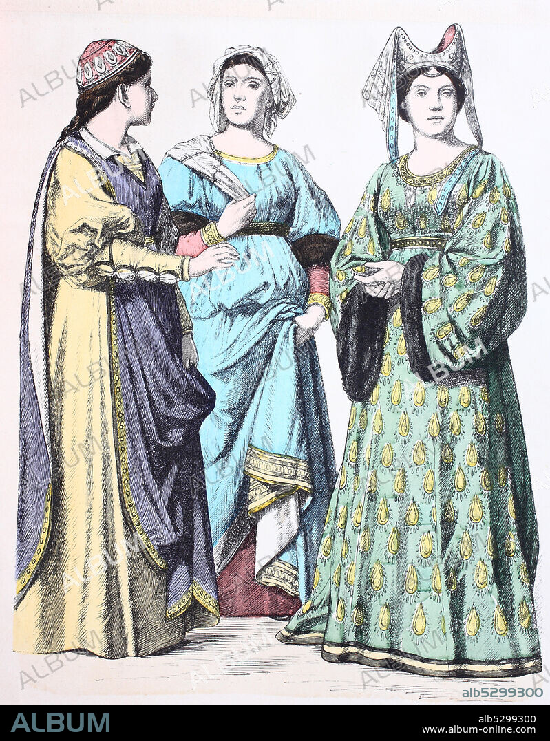 National costume, clothes, history of the costumes, young Italian, distinguished Italian and Mrs. von Siena, Italy, in 1350-1395, Volkstracht, Kleidung, Geschichte der Kostüme, junge Italienerin, vornehme Italienerin und Frau von Siena, Italien, 1350-1395.