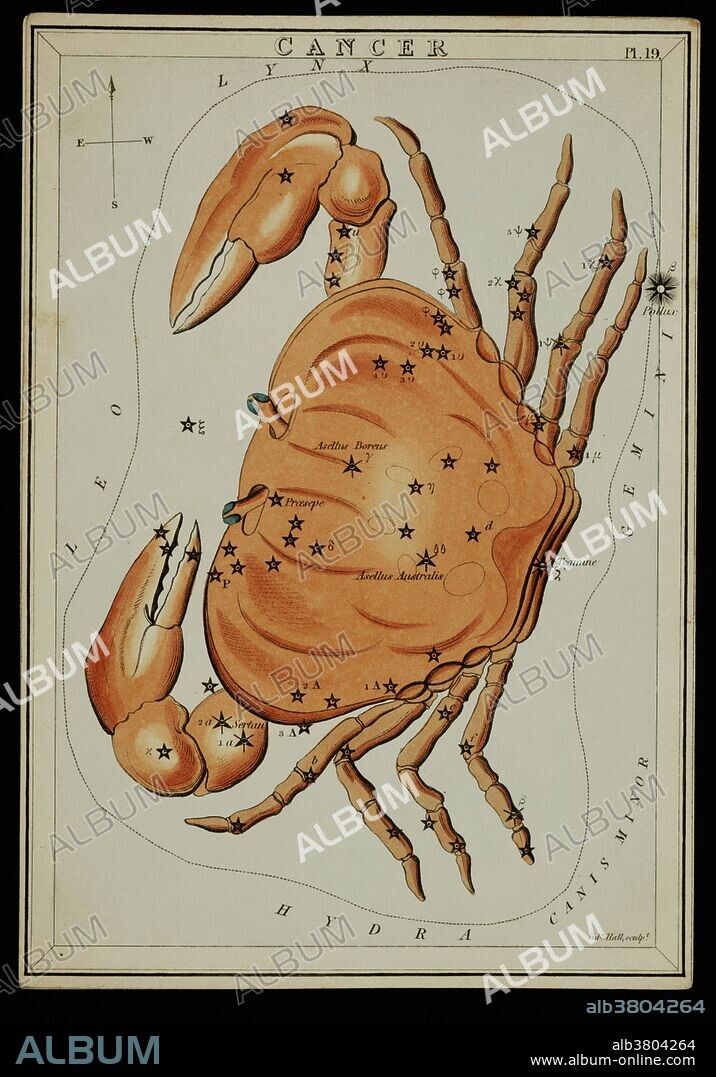 Astronomical chart showing crab forming the constellation. Cancer is one of the constellations of the zodiac. It is one of the 48 constellations described by the 2nd century astronomer Ptolemy, and remains one of the 88 modern constellations defined by the International Astronomical Union. Constellations directly bordering Cancer are Lynx, Gemini, Canis Minor, Hydra, Leo and Leo Minor. Cancer is the fourth astrological sign in the Zodiac, which is associated with the constellation Cancer. It spans the 90-120th degree of the zodiac, between 90 and 125.25 degree of celestial longitude, which the Sun transits this area on average between June 22 to July 22 each year. Urania's Mirror is a boxed set of 32 constellation cards first published by Samuel Leigh of the Strand, London, in or shortly before 1825. An unidentified lady, referred to by her nom-de-plume, Jehoshaphat Aspin, designed these whimsical astronomy cards. The engraver was Sidney Hall.