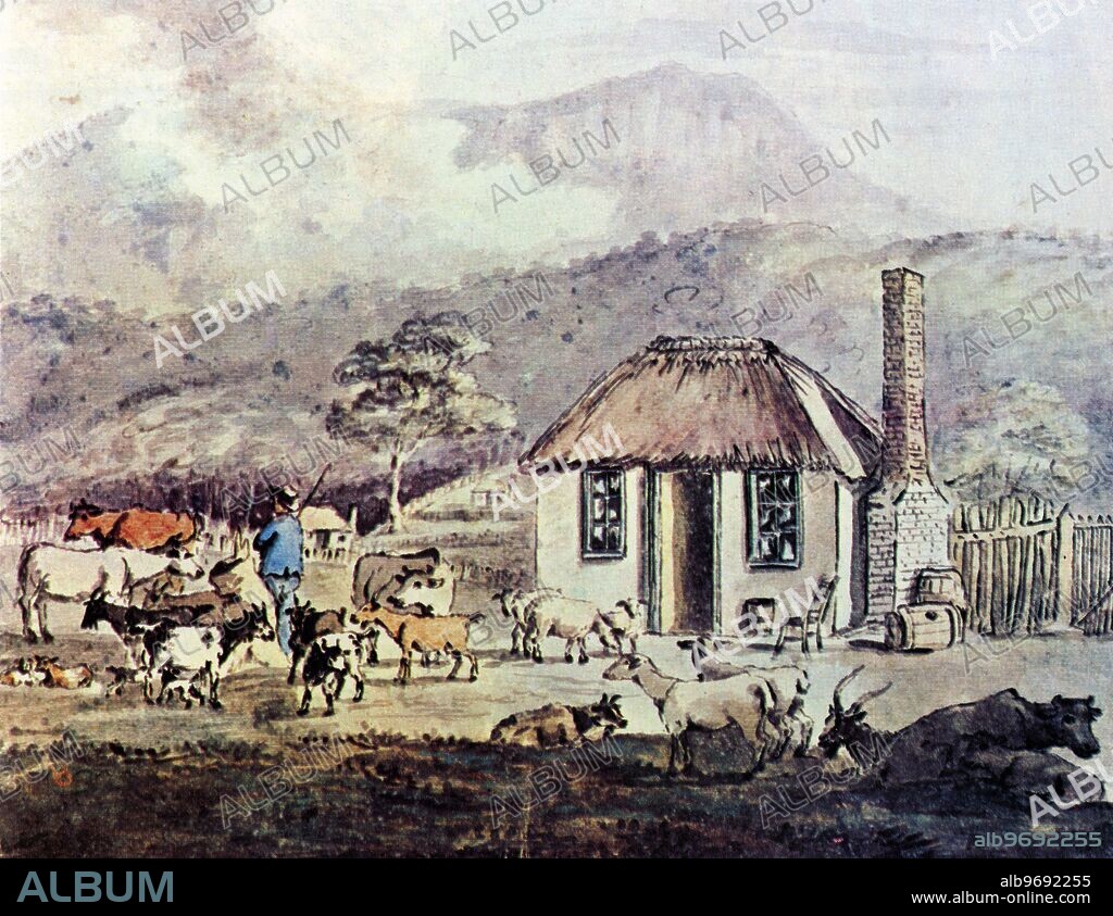 The neat little cottage in Hobart Town where Collins's surveyor , George Prideaux Harris , lived. A watercolour painted by Harris himself. 1806.