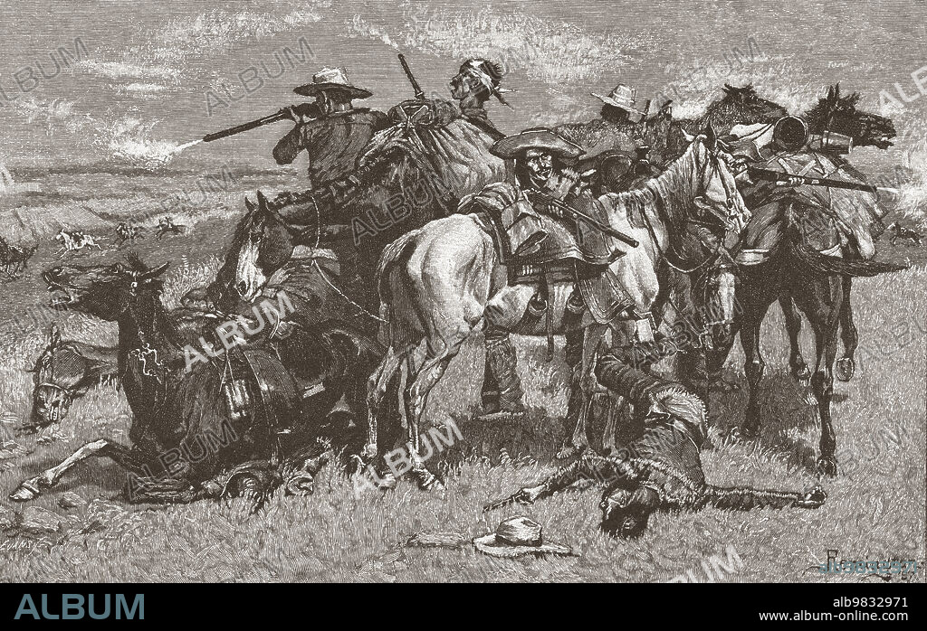 Cabeca de Vaca in the desert. The Great Explorers. Álvar Núñez Cabeza de Vaca. After a work by American artist Frederic Sackrider Remington, 1861 1909. This picture is number one in Remington's Great Explorers series of 1905.