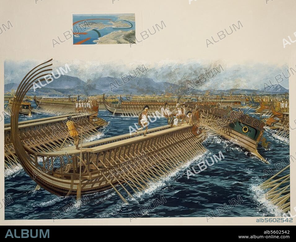 Seeschlacht von Salamis, September. 480 v. Chr. (Die Griechen unter Themistokles besiegen die persische Flotte unter Xerxes). Schlachtszene und Plan der Seeschlacht (oben). Aquarell, undat., von Peter Connolly (1935-2012).
