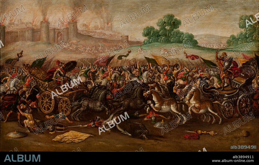 CIRCLE OF JUAN DE LA CORTE. The Burning of Jerusalem by Nebuchadnezzar's Army. Date/Period: 1630 - 1660. Painting. Oil on canvas. Height: 660 mm (25.98 in); Width: 1,120 mm (44.09 in).