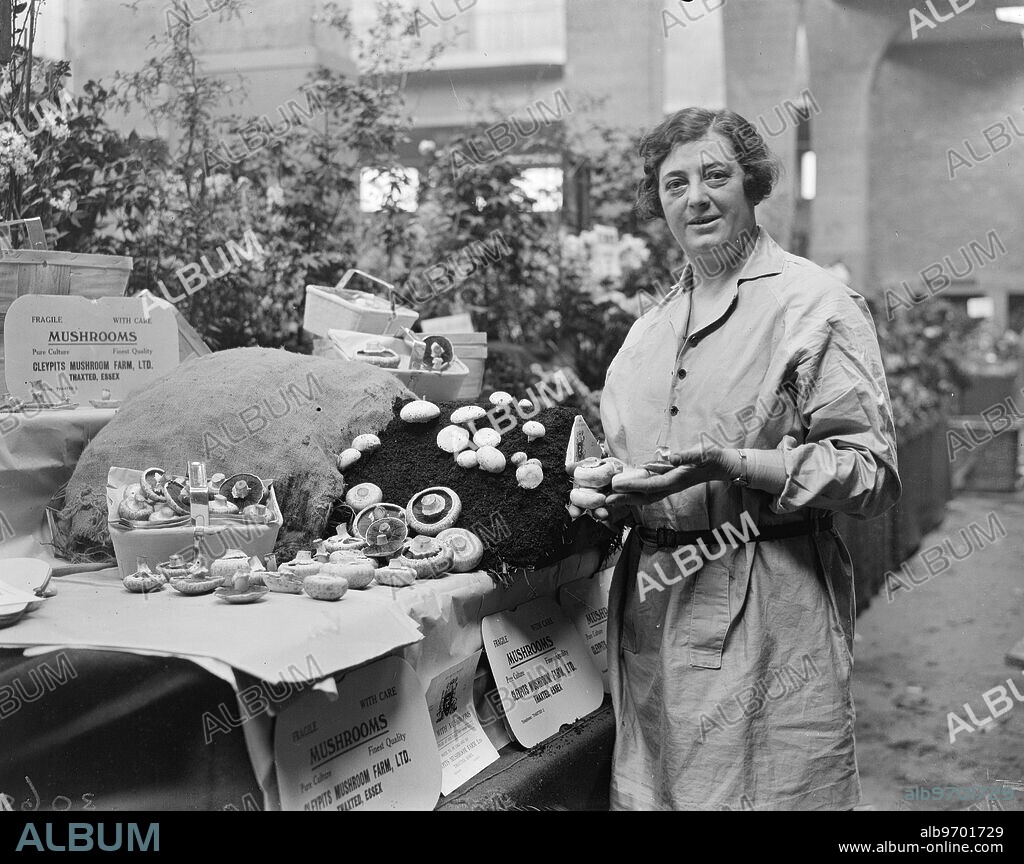 Woman authoress makes success of mushroom cultivation . Miss Amelia Defries , a well known authoress and lecturer of art of Thaxted in Essex , is probably the only woman who has succeeded in growing mushrooms as a commercial proposition as she has 40 beds under cultivation . She is exhibiting at the Horticultural Society ' s show at the Royal Horticultural Hall , Westminster . Photo shows ; Miss Emelia Defries with a mushroom bed at the show . 9 May 1933.