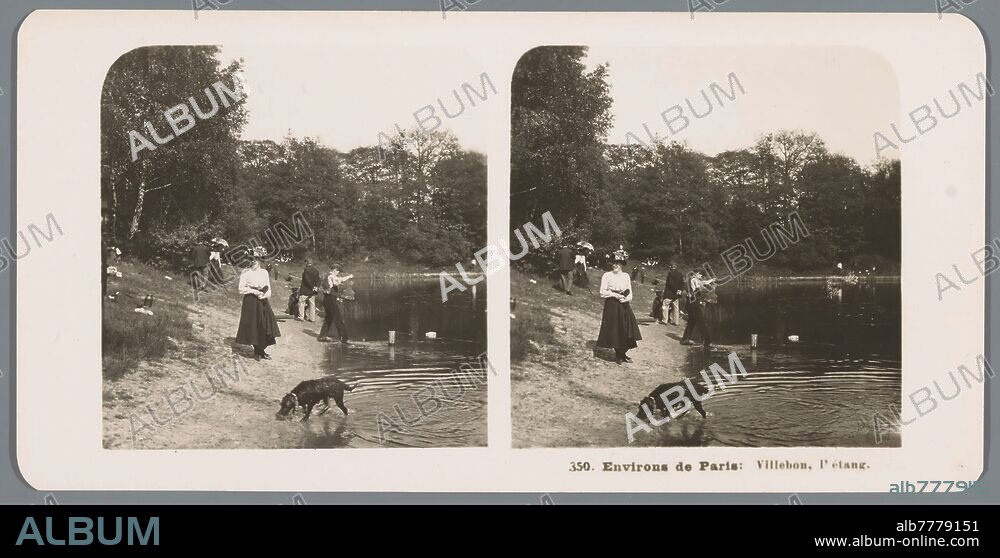 View of the Etang de Villebon in Meudon Environs de Paris: Villebon, l'étang (title on object), pound, pool, dog, recreation, Neue Photographische Gesellschaft (mentioned on object), Meudon, 1906, cardboard, photographic paper, gelatin silver print, h 88 mm × w 179 mm.