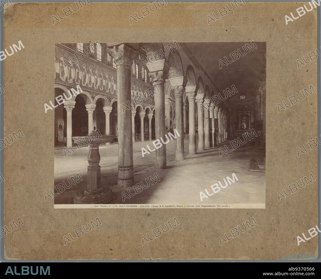 Interior of the basilica of Sant' Apollinare Nuovo at Ravenna, RAVENNA - Emilia. Chiesa di S. Apollinare Nuovo. L'interno visto diagonalmente. (VI secolo.) (title on object), Alinari (mentioned on object), Basiliek van Sant'Apollinare Nuovo, 1875 - 1900, cardboard, albumen print, height 198 mm × width 251 mm.