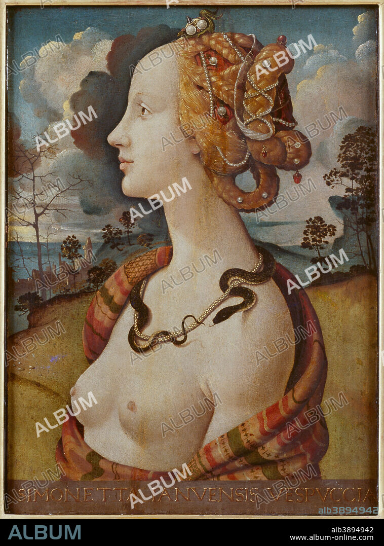 PIERO DI COSIMO. Portrait de femme dit de Simonetta Vespucci. Date/Period: 1490. Painting. Tempera on wood. Height: 570 mm (22.44 in); Width: 420 mm (16.53 in).