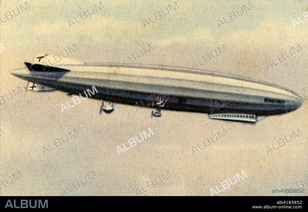 Zeppelin LZ 120 Bodensee, 1919, (1932). The LZ 120 Bodensee passenger-carrying airship built by Zeppelin Luftschiffbau. It operated a passenger service between Berlin and Friedrichshafen. It was later handed over to the Italian Navy as war reparations in place of airships that had been sabotaged by their crews, and renamed 'Esperia'. From "Die Eroberung Der Luft", (The Conquest of the Air), cigarette card album produced by the Garbáty cigarette factory, 1932. Eugene and Moritz Garbáty, who were Jewish, were driven out of business by the Nazis in the late 1930s, and forced to sell their factory which lay empty for over 70 years. [Garbaty Cigarettenfabrik, Berlin-Pankow, 1932].