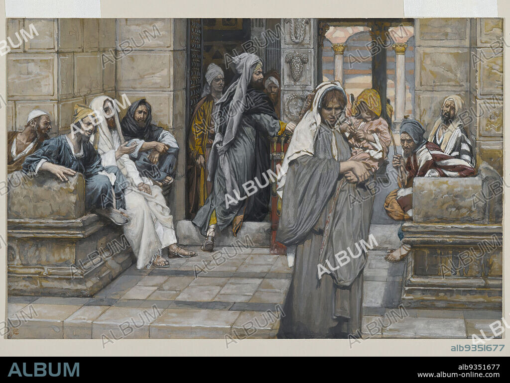 The Widow's Mite, Le denier de la veuve, The Life of Our Lord Jesus Christ, La Vie de Notre-Seigneur Jésus-Christ, James Tissot, French, 1836-1902, Opaque watercolor over graphite on gray wove paper, France, 1886-1894, Image: 7 3/16 x 11 1/16 in., 18.3 x 28.1 cm, child, French artist, French watercolor, grief, grieving, late 19th century art, Luke 21:1-4, Mark 12:41-44, temple, women.