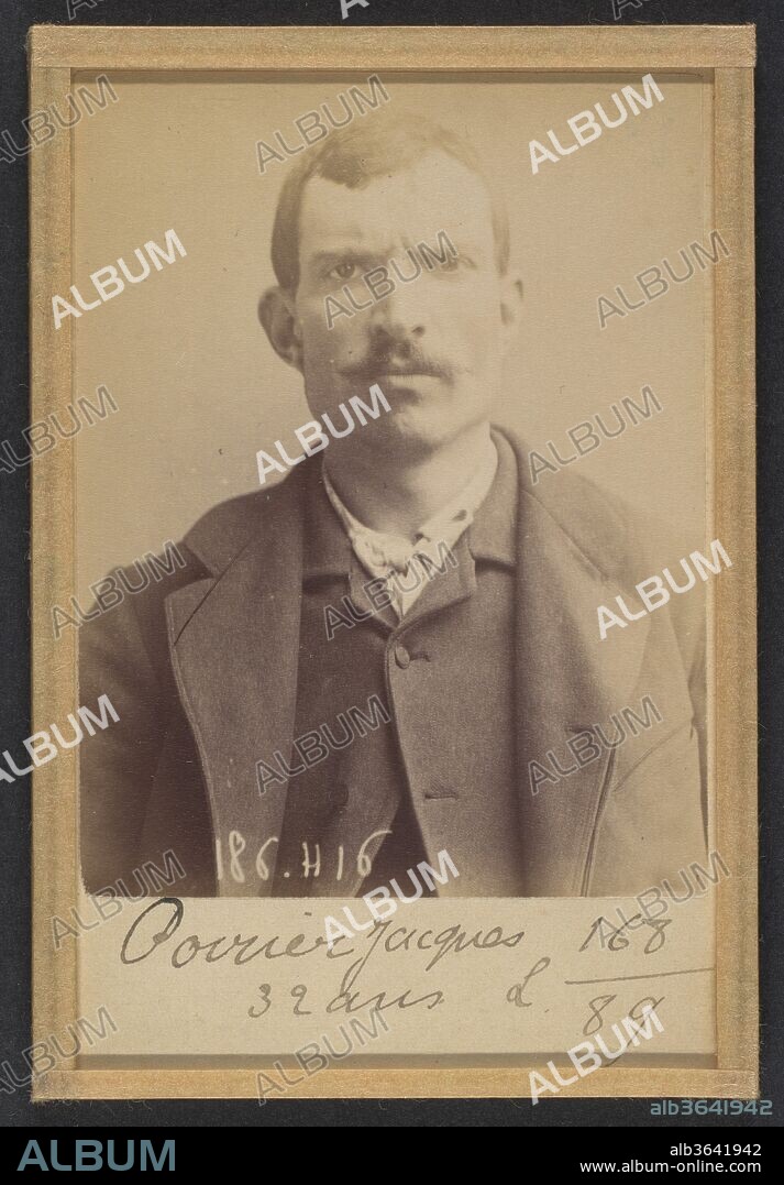 Poirier. Jacques, Étienne. 30 ans, né à Gien (Loiret). Garçon de marchand de vins. Anarchiste. 30/4/92. Artist: Alphonse Bertillon (French, 1853-1914). Dimensions: 10.5 x 7 x 0.5 cm (4 1/8 x 2 3/4 x 3/16 in.) each. Date: 1892.
Born into a distinguished family of scientists and statisticians, Bertillon began his career as a clerk in the Identification Bureau of the Paris Prefecture of Police in 1879. Tasked with maintaining reliable police records of offenders, he developed the first modern system of criminal identification. The system, which became known as Bertillonage, had three components: anthropometric measurement, precise verbal description of the prisoner's physical characteristics, and standardized photographs of the face. 
In the early 1890s Paris was subject to a wave of bombings and assassination attempts carried out by anarchist proponents of "propaganda of the deed." One of Bertillon's greatest successes came in March 1892, when his system of criminal identification led to the arrest of an anarchist bomber and career criminal who went by the name Ravachol (2005.100.375.348). The publicity surrounding the case earned Bertillon the Legion of Honor and encouraged police departments around the world to adopt his anthropometric system.