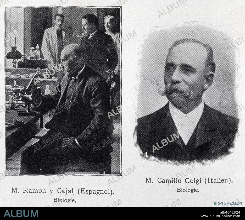 Les Prix Nobels de biologie 1906 Ramon CAJAL (1852-1934) et Camillo GOLGI (1843-1926). Photogravures tirees de L'Illustration en 1906. Credit : Collection KHARBINE-TAPABOR.