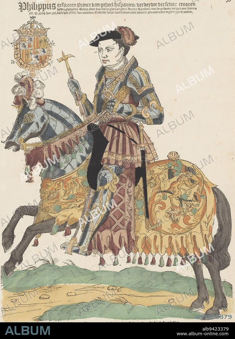 Portrait of Philip II on horseback, Cornelis Anthonisz. (manner of), 1543 - 1544, Philip II (1527-1598), son and successor of Charles V, born in Spain, first visited the Netherlands in 1549 on his festive entry into Antwerp. Rider in armor on an armored horse galloping to the left. His coat of arms with the Order of the Golden Fleece at top left., print maker: Cornelis Anthonisz., (manner of), print maker: Hans Liefrinck (I), Hans Liefrinck (I), (possibly), Low Countries, publisher: Antwerp, 1543 - 1544, paper, h 405 mm × w 295 mm.