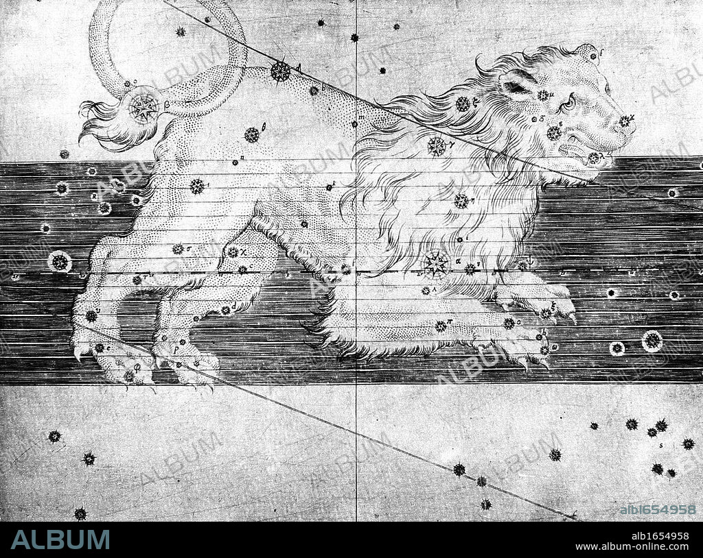 Constellation of Leo from Johannes Bayer Uranometria Ulm 1723. Copperplate engraving.