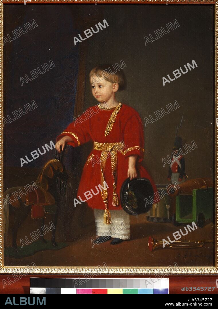 ADOLF JEBENS. Portrait of a boy in a red dress with military toys.