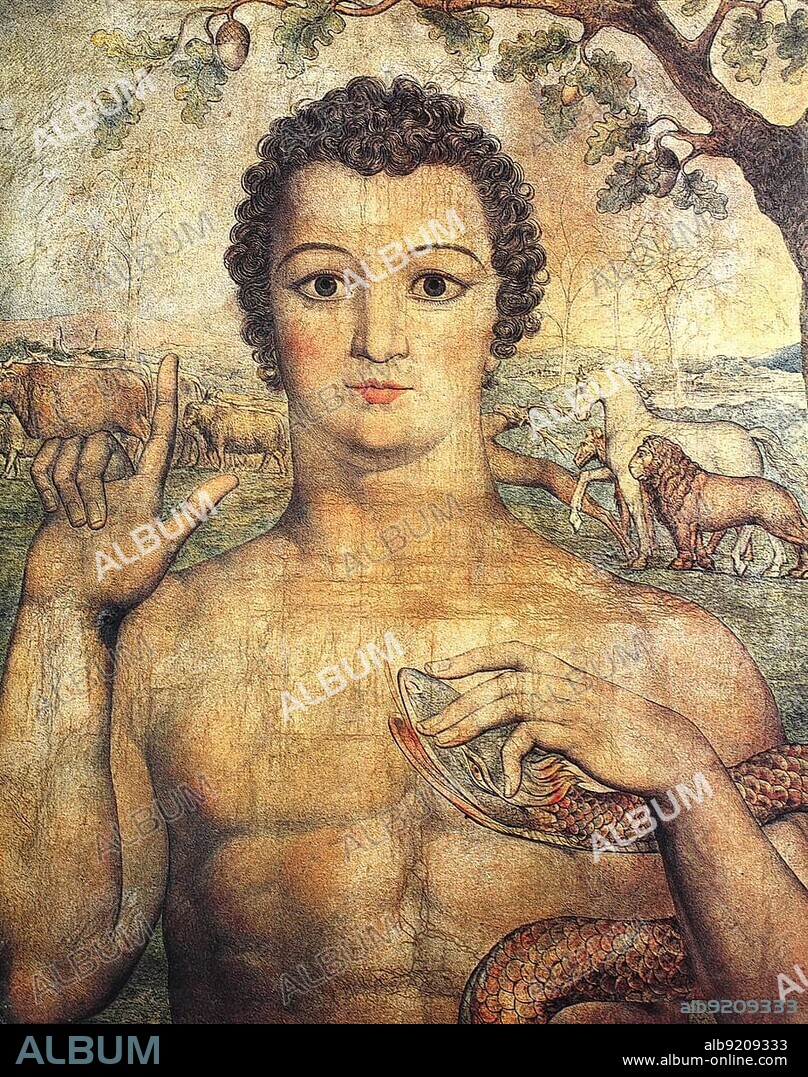 William Blake (28 November 1757 - 12 August 1827) was an English poet, nature mystic, painter, here the painting Adam Who Names the Animals, Historic, digitally restored reproduction of a 19th century original, exact original date unknown