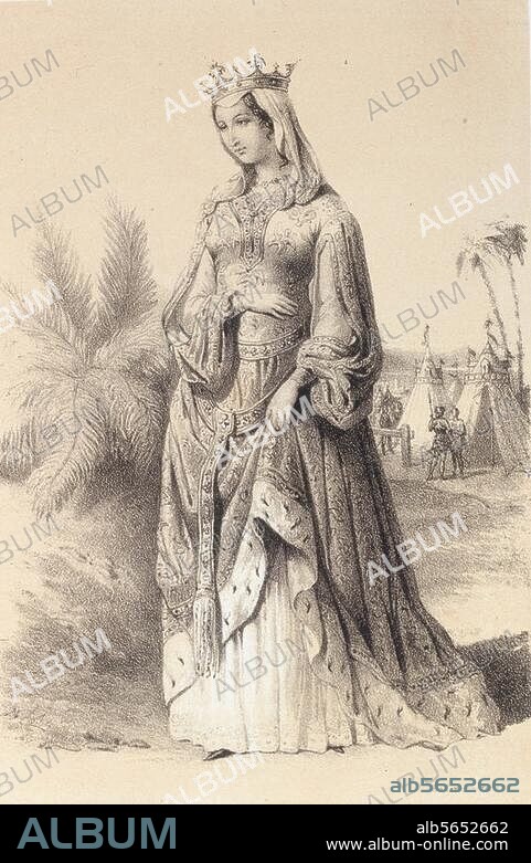 Isabella von Aragon, Königin von Frankreich (Philipp III., der Kühne, (le Hardi) ); 1243-1271. Isabella von Aragon in Tunis. Lithographie. Aus: A. Celliez, Les Reines de France. Paris (E.Ducrocq, Librairie-éditeur, Successeur de P.C.Lehuby) um 1890-1900. Paris, Privatsammlung.