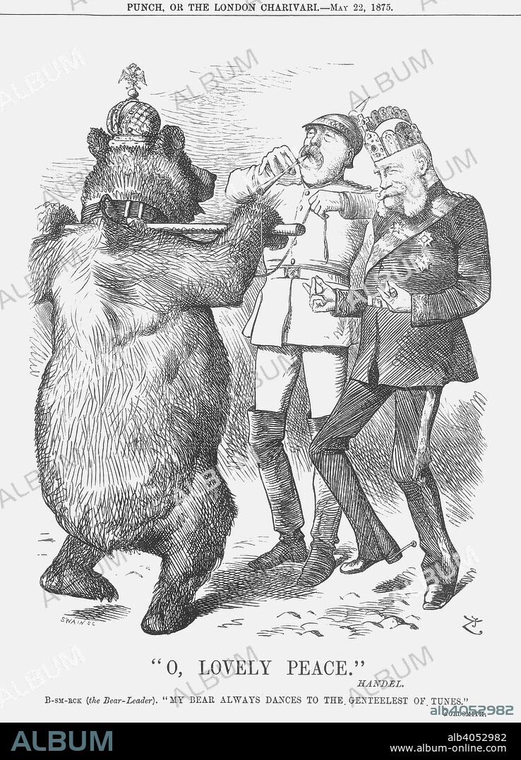 O, Lovely Peace, 1875. Bismarck plays a penny whistle and the Russian Bear dances. The German Emperor dances along happily. This relates to a visit made in May 1875 by the Emperor of Russia to his German counterpart. There were some grounds for concern at recent reports coming out of France. These concerned the faint possibility that France was preparing to launch another war. The rumours were taken seriously enough to promote the English Government to remonstrate with France whilst personal intervention was planned during the meeting between Russia and Germany. From Punch, or the London Charivari, May 22, 1875.