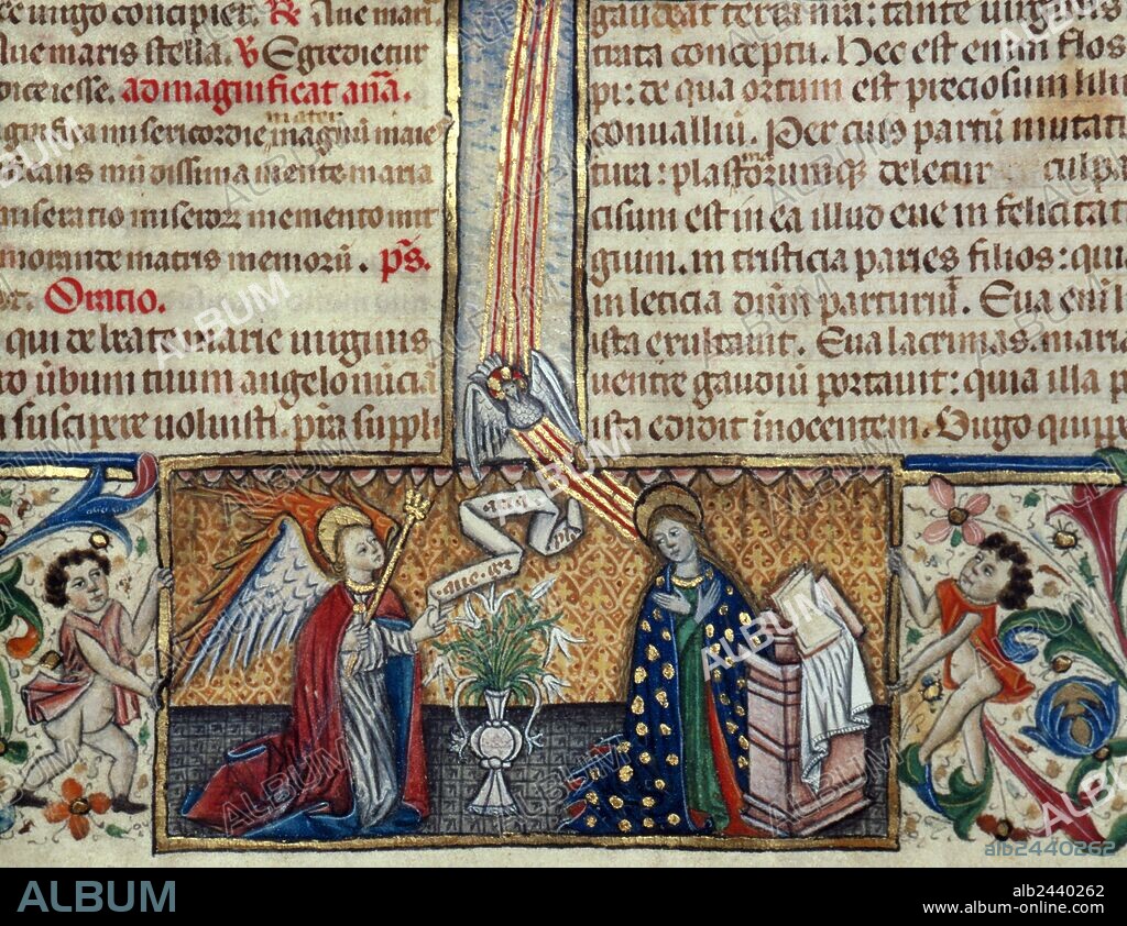 MAESTRO DE BURGO DE OSMA. ARTE GOTICO. ESPAÑA. "LA ANUNCIACION A MARIA". Miniatura del folio 159 v. MAESTRO DE OSMA. Escriptorio de El Burgo de Osma (h.1470). Códice. Pergamino. Letra gótica. 430x340x110 mm. "BREVIARIO DEL OBISPO MONTOYA". Archivo Biblioteca del Cabildo de la Catedral de El Burgo de Osma (provincia de Soria). Castilla-León.