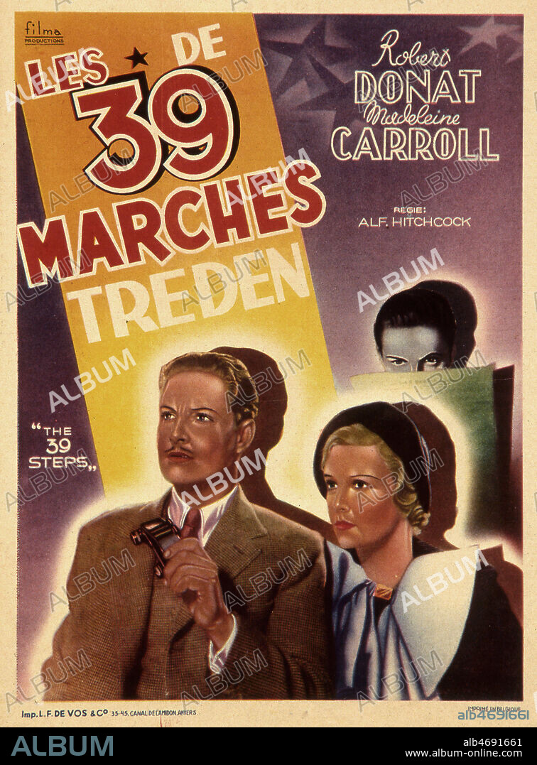 'Les trente-neuf marches' Affiche du film realise en 1935 par Alfred HITCHCOCK d'apres John BUCHAN avec Madeleine CARROLL (1906-1987), Robert DONAT (1905-1958). Credit : Coll. Perron/KHARBINE-TAPABOR.