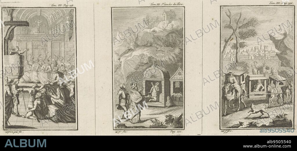 Church interior with a preaching priest on a pulpit and courtiers. Landscape with two courtiers and a man in a chapel chastising himself with a whip. Landscape with a courtier in a palanquin and in the background a view of a town. Three book illustrations with scenes with courtiers, print maker: Wouter Jongman, (mentioned on object), Amsterdam, 1712 - 1744, paper, etching, h 122 mm × w 276 mm.