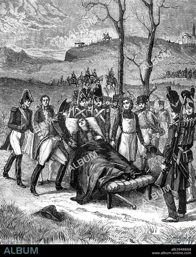 'Napoleon ran towards Duroc, who still lived', 1813 (1882-1884). Marshal Geraud Duroc was mortally wounded at the Battle of Bautzen, fought in Saxony on on 20th-21st May 1813. A print from La France et les Français à Travers les Siècles, Volume IV, F Roy editor, A Challamel, Saint-Antoine, 1882-1884.