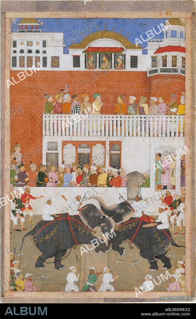 "Shah Jahan Watching an Elephant Fight", Folio from a Padshahnama. Artist: Bulaqi. Dimensions: 15 in. high 9.75 in. wide (38.2 cm high 24.7 cm wide). Date: probably 1639.
In this page from the Padshahnama, the artist has created a unified space stretching from the foreground, where goaders are milling, to the top of the scene, where the emperor and his two sons are shown in profile at an open tripartite window. Although the white and red walls of the fort are unmodulated planes, the placement of figures before them gives a sense of spatial recession. The dynamism of the elephant combat balances the impassive family portraits. While the courtiers in the upper tier turn their backs on the melee to face the royals, and the lower figures seem more concerned with the combat, curiously, none of them look directly at the object of their attention, somewhat diminishing the work's psychological intensity. Nevertheless, the artist subtly suggests that the emperor, under his gilded roof, is the lord of all beneath him.