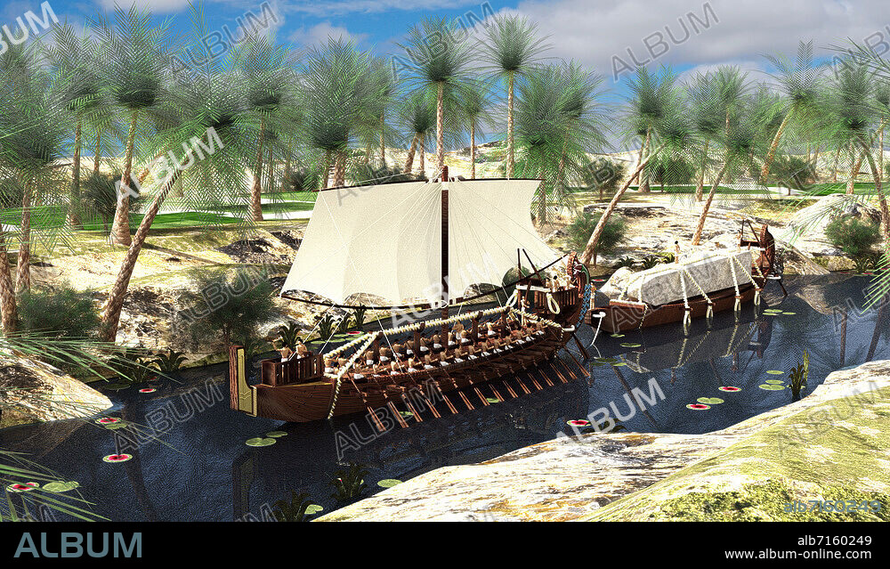 Egypte antique / Construction. Transport d'un obélisque sur un des canaux du Nil sous la XVIIIe dynastie. (XVIIIe dynastie : -1550/-1292. Souvent assimilée à l'apogée de la civilisation égyptienne antique). Reconstitution 3D (2016).