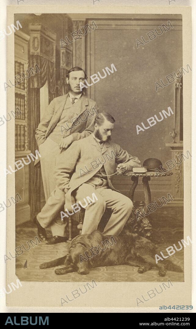 Two unidentified men with muttonchops: one standing, one seated looking at a pocket watch, a dog is at their feet, William Bartholomew (British, active Egham, England 1860s), 1865–1870, Albumen silver print.