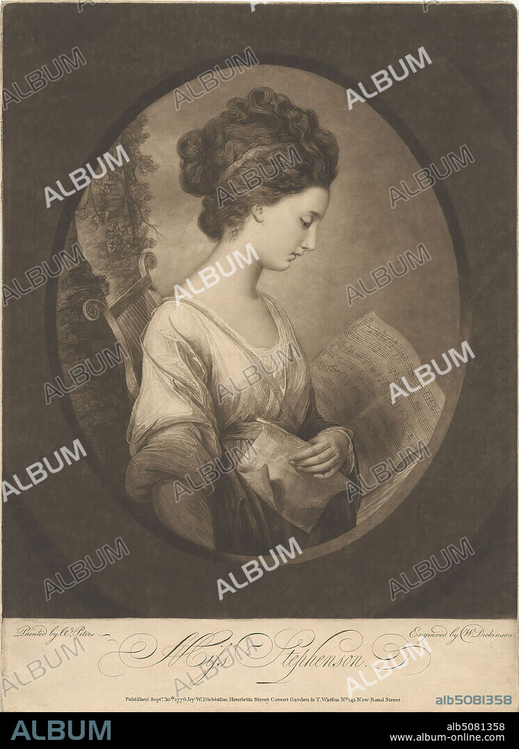Miss Elizabeth Stephenson, later Elizabeth Savile, Countess of Mexborough, Print made by William Dickinson, 17461823, British, after Matthew William Peters, 17421814, British, Published by William Dickinson, 17461823, British, and Thomas Watson, 17431781, British, 1776, Mezzotint and etching on moderately thick, slightly textured, beige laid paper, Sheet: 15 1/8 × 11 inches (38.4 × 27.9 cm) and Image: 10 3/8 × 8 9/16 inches (26.4 × 21.8 cm), curls, gazing, gown, hand, harp, lyre, music, portrait, posing, profile, sheet music, solemn, trees, woman.