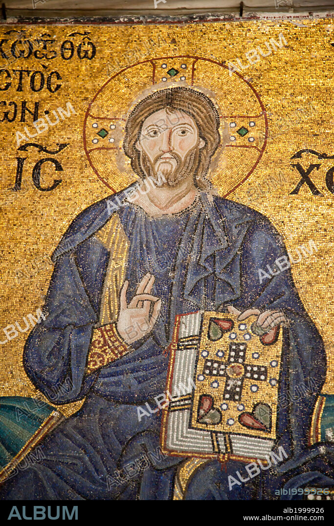 Turkey, Istanbul, Hagia Sophia, Mosaic of Empress Zoe and Emperor Constantine IX Monomachos. In this Mosaic Jesus holding his right hand in a gesture of blessing, while with his left hand the Holy book.