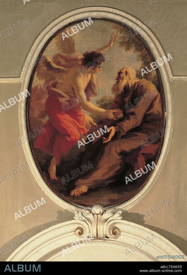 Elijah and the angel, by Pellegrini Giovanni Antonio, 18th Century, oil on canvas. Italy, Lombardy, Brescia, Sant`Agata Church. All. Elias angel offers food points God elderly white-haired beard white hair poor clothes; dress brown drapery; draping sandals angel airy wind red wings foliage white brown hues; tones green.