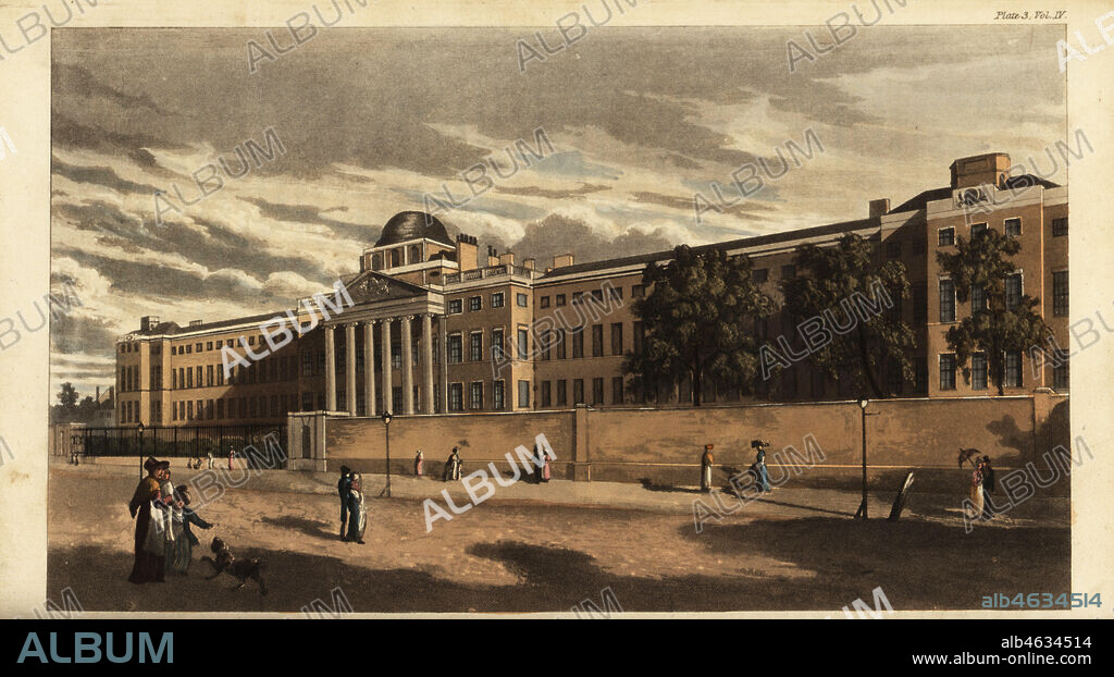 Bethlem Royal Hospital or Bedlam Hospital in St. Georges Fields, Southwark, 1816. Now the Imperial War Museum. Designed by surveyor James Lewis in the neoclassical style with portico and six Doric columns. Handcoloured copperplate engraving from Rudolph Ackermanns Repository of Arts, London, 1817.