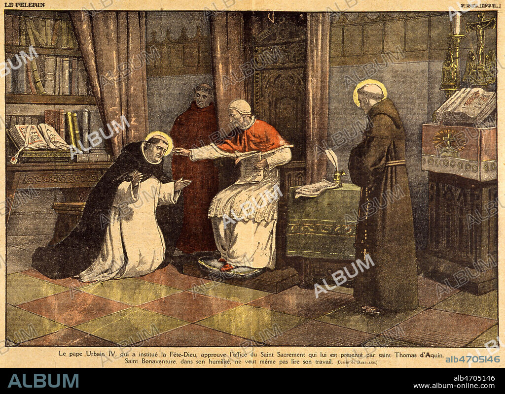 'Le pape URBAIN IV qui a instaure la Fete-Dieu approuve l'office du Saint Sacrement qui est presente par St THOMAS D'AQUIN. Saint BONAVENTURE, dans son humilite, ne veut meme pas lire son travail'. Illustration de DAMBLANS (1865-1945) in. Le Pelerin du 03/06/1923. Credit : Collection KHARBINE-TAPABOR.