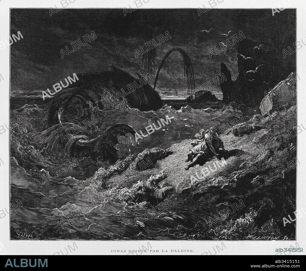 Jonah ejected onto dry land by the whale, Illustration from the Dore Bible 1866. In 1866, the French artist and illustrator Gustave Doré (1832–1883), published a series of 241 wood engravings for a new deluxe edition of the 1843 French translation of the Vulgate Bible, popularly known as the Bible de Tours. This new edition was known as La Grande Bible de Tours and its illustrations were immensely successful..