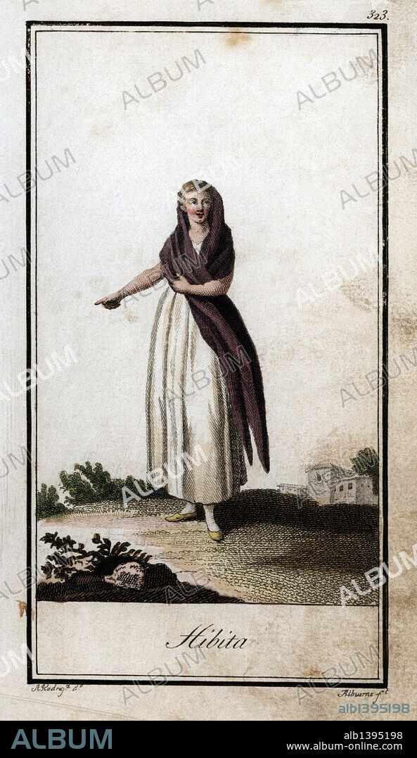Mujer Hibita. Antigua nación india que habitaba en las cordilleras de los Andes y las pampas del río Huallaga. Grabado en color de 1805.
