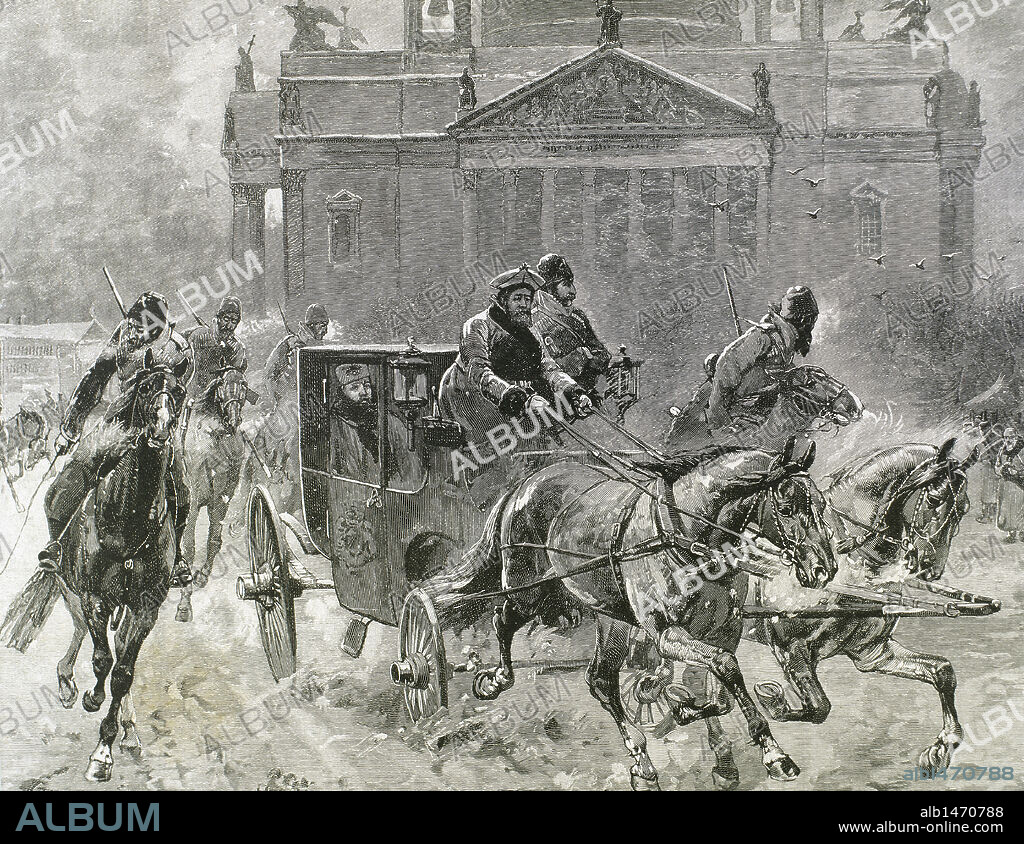 ALEJANDRO III DE RUSIA (San Petersburgo, 1845-Livadija, 1894). Zar de Rusia (1881-1894), hijo y sucesor de Alejandro II. Grabado del s. XIX que representa "EL DIA DE PASCUA EN SAN PETERSBURGO. EL ZAR ALEJANDRO III DIRIGIENDOSE A LA IGLESIA".