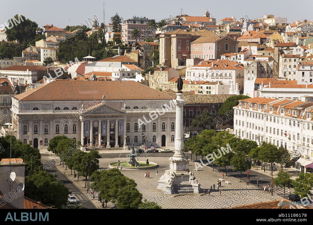 The National Theatre (Teatro Nacional Dona Maria II) stands behind the memorial to Dom Pedro IV at Rossio, Lisbon, Portugal, Europe.